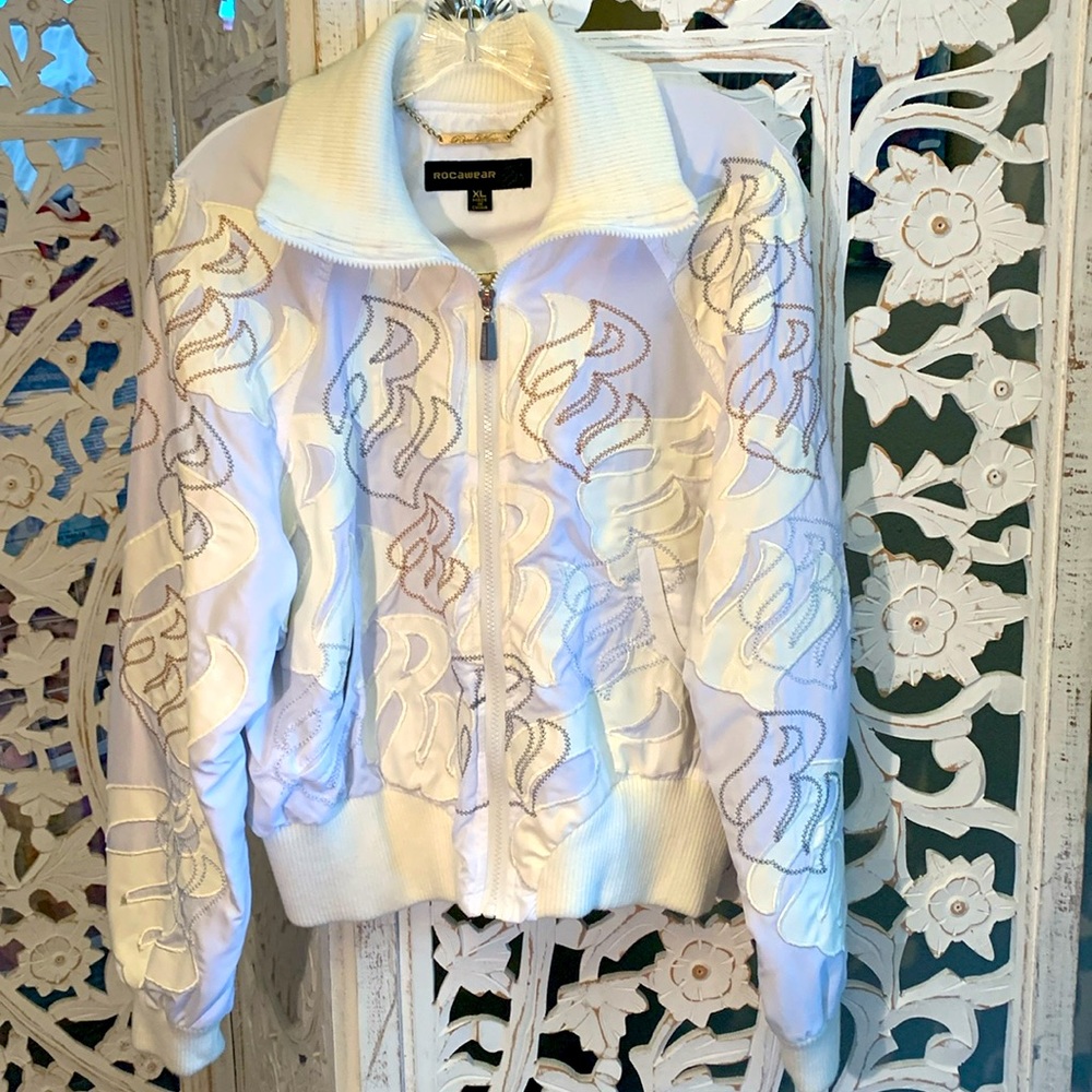 Rare Designer Rocawear Embroidered Streetstyle White Bomber Jacket - Large